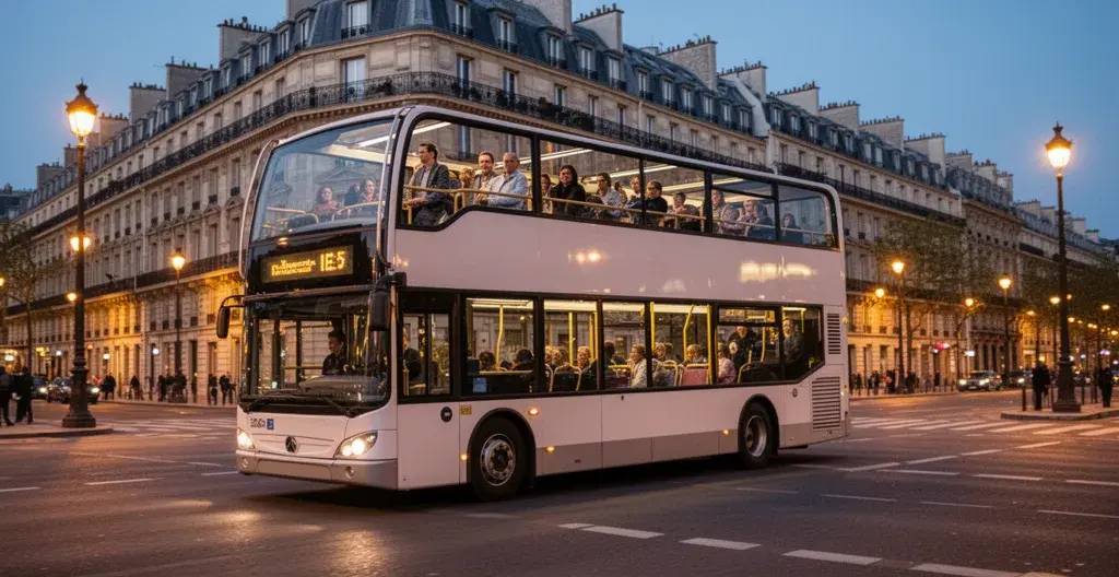 Open-top double-decker sightseeing bus driving past illuminated Parisian buildings at twilight