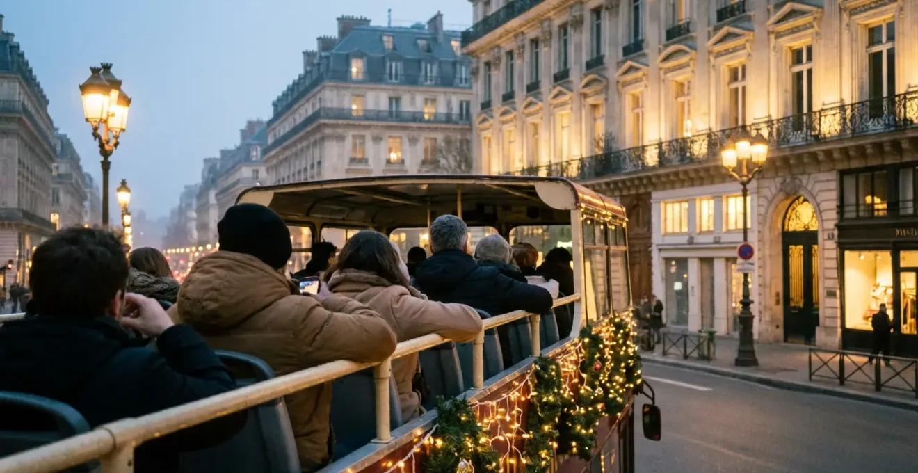 Open-top bus tour Paris Christmas decorations evening boulevard