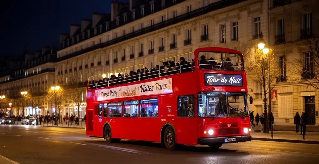 Open-top sightseeing bus touring Paris Christmas lights at night