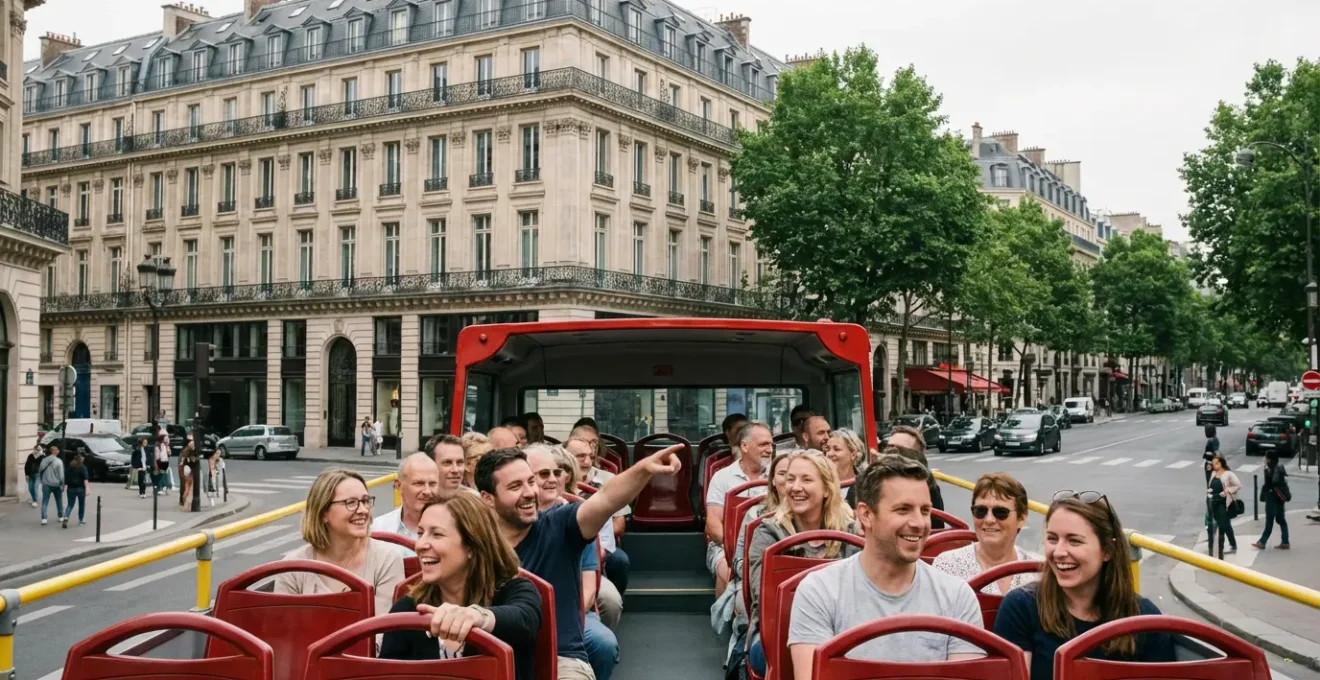 Sightseeing bus tour passing Parisian architecture with tourists enjoying panoramic views