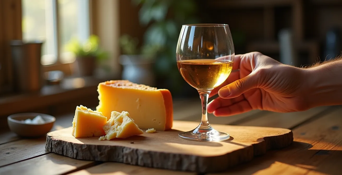 Amber colored wine in glass next to aged cheese on rustic wooden surface