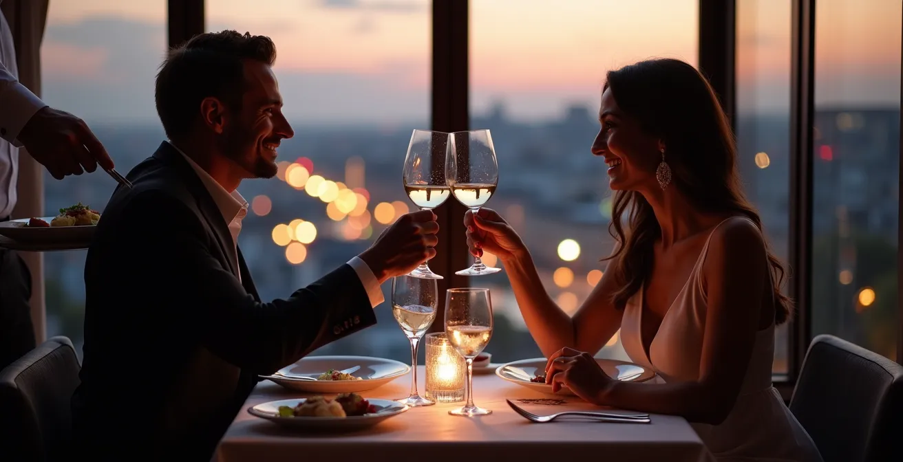 Elegant table setting with Paris skyline view at dusk from panoramic restaurant