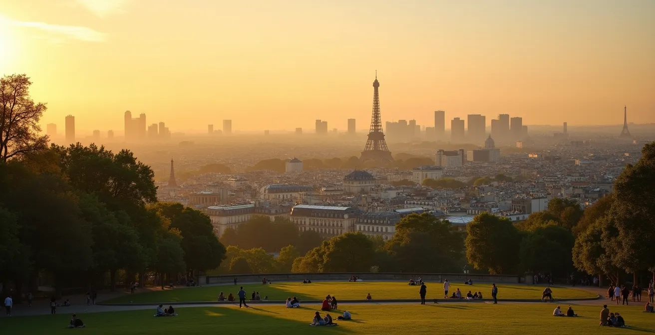 Sunset view from Parc de Belleville overlooking Paris rooftops