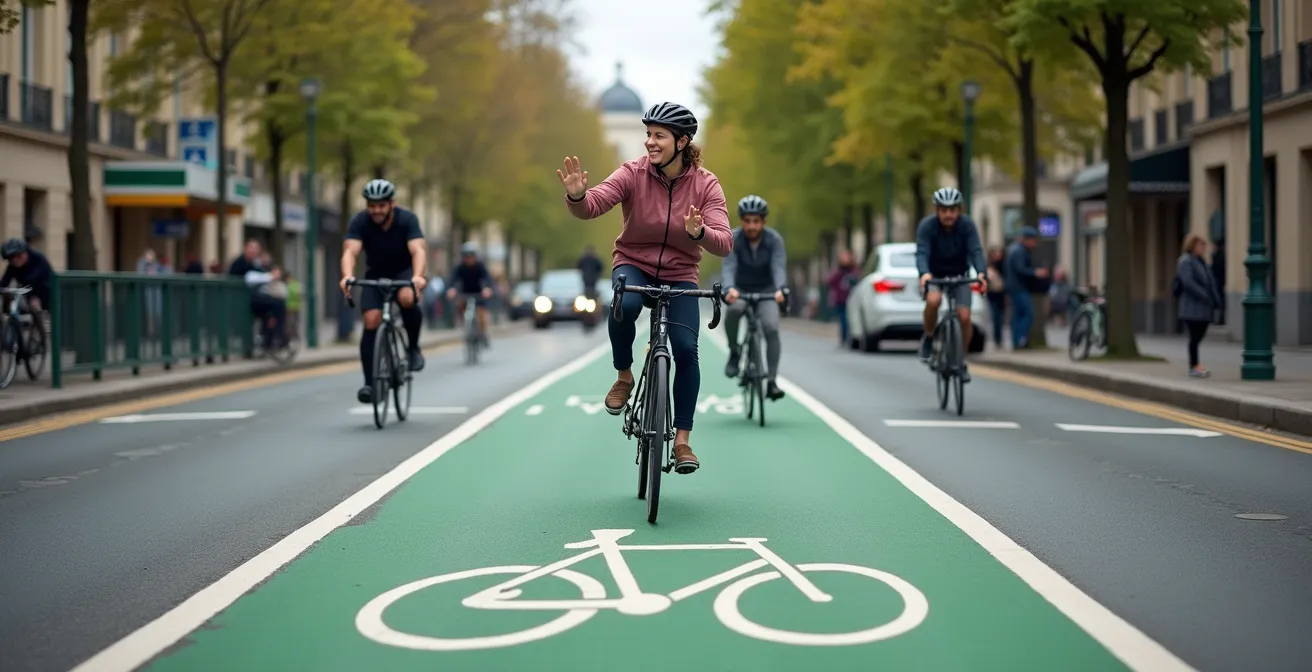 Cyclist navigating protected bike lane at Paris intersection