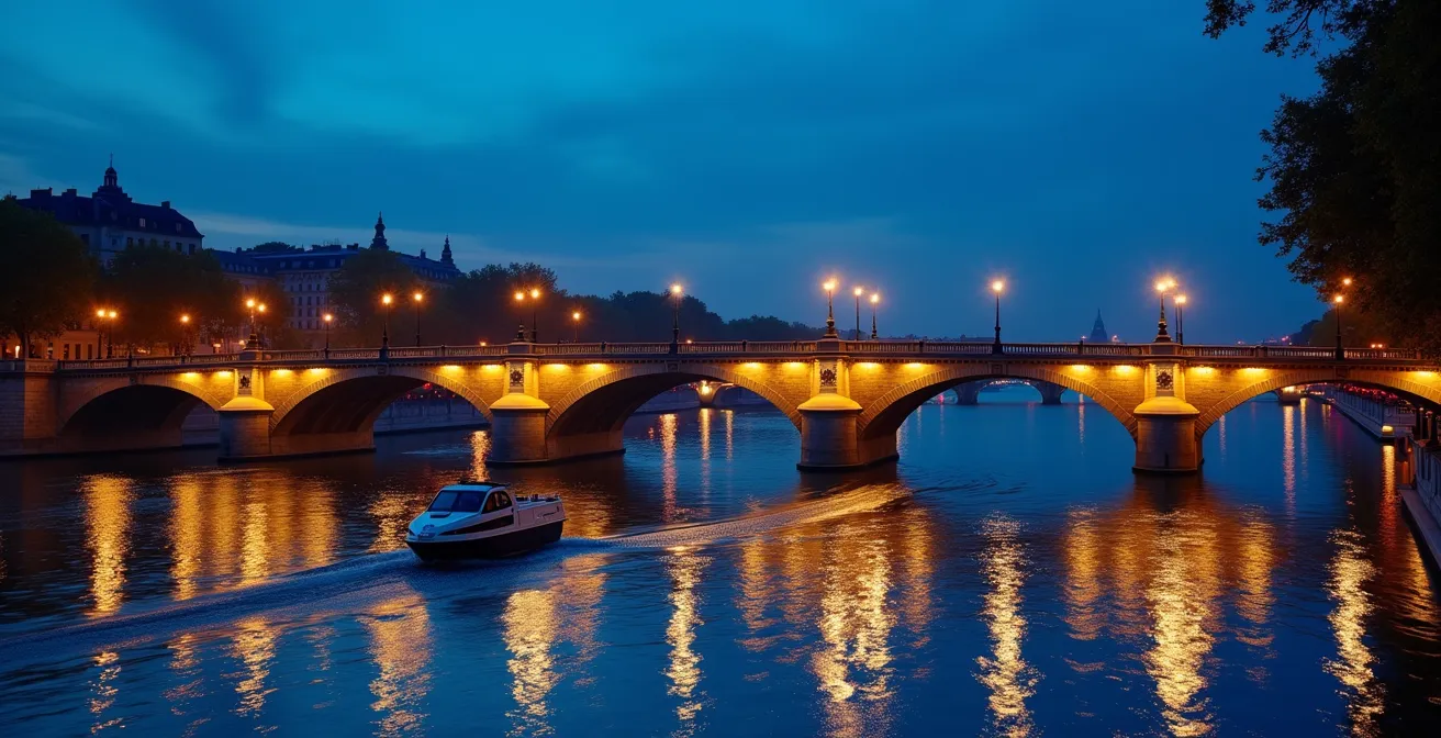Seine river during blue hour with illuminated bridges and twilight sky