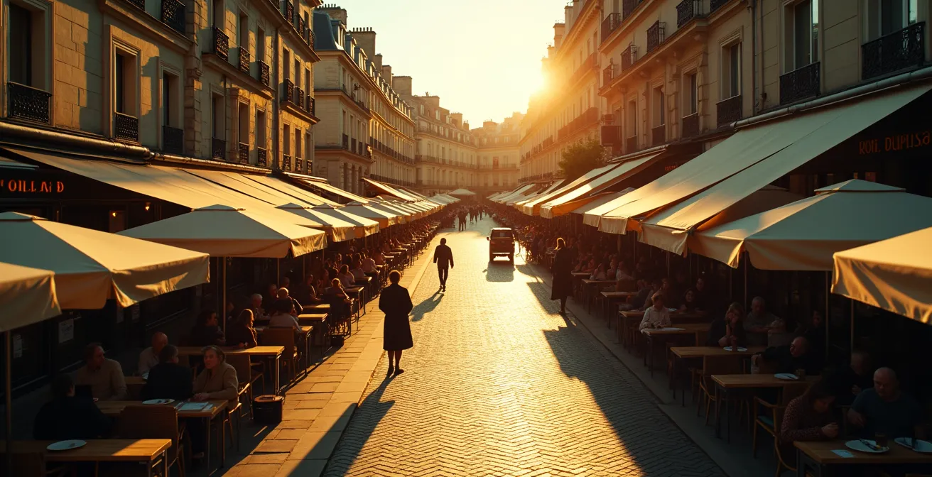 Aerial view of Parisian boulevard showing sun and shadow patterns on café terraces
