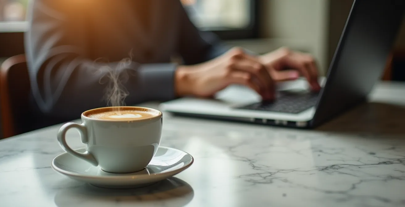 Macro shot of cafe table with coffee cup and hands typing on laptop during quiet afternoon hours