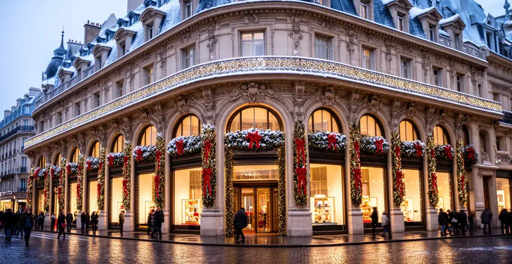 Parisian department store façade decorated with elaborate Christmas lights