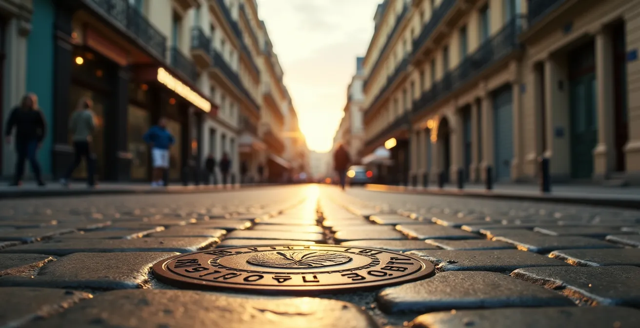 A view of a Parisian street showing subtle bronze markers embedded in the cobblestone pavement, with historic architecture in the background.