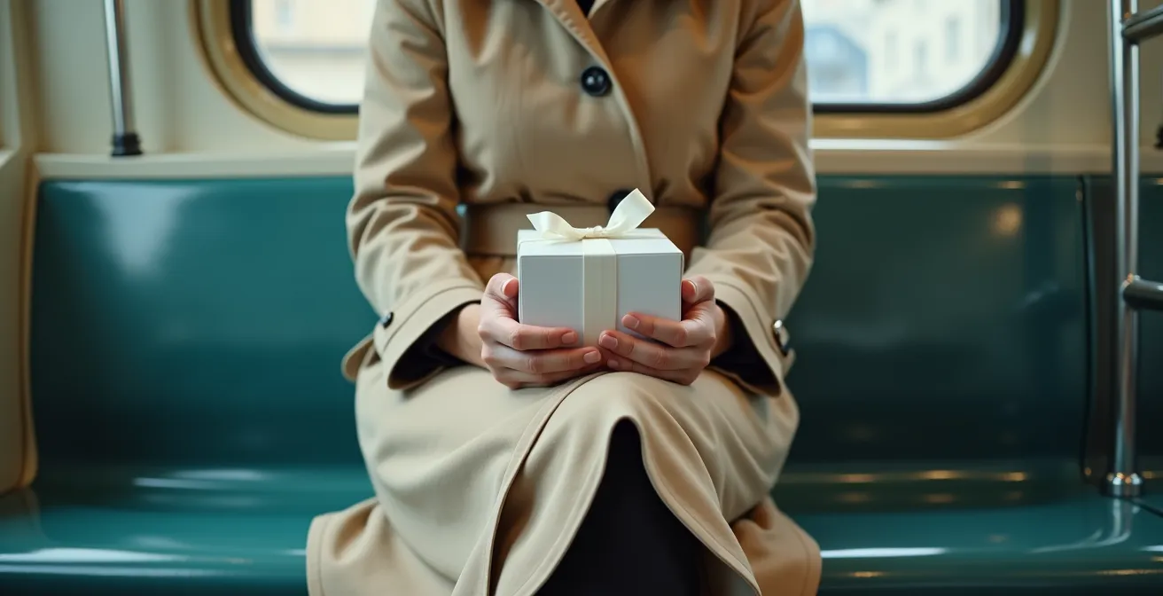 Person carefully holding a pastry box while seated in Paris metro car