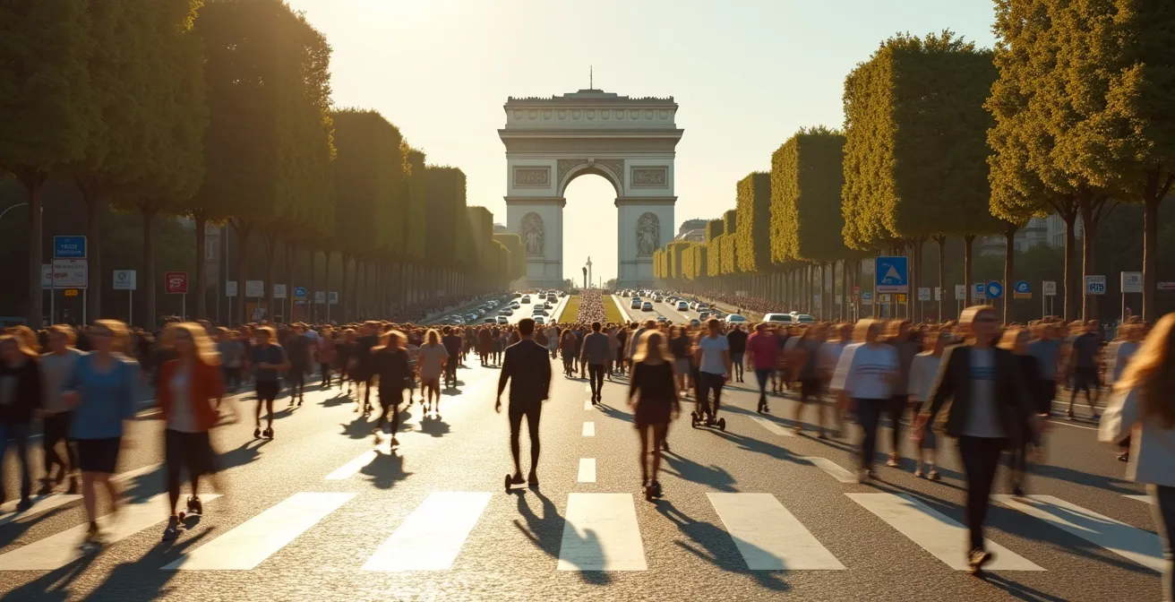Families and cyclists enjoying the car-free Champs-Élysées on a sunny day