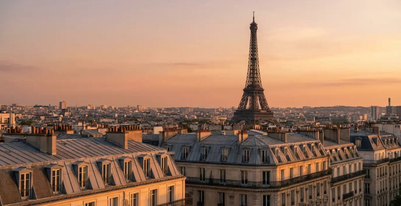 Paris skyline bathed in golden hour light with Eiffel Tower silhouette against warm orange-pink sky