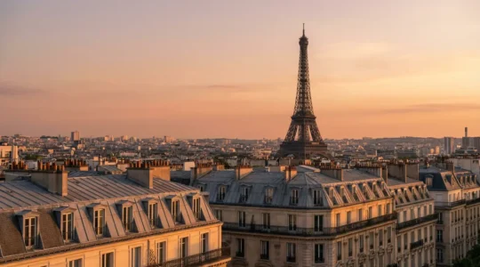 Paris skyline bathed in golden hour light with Eiffel Tower silhouette against warm orange-pink sky