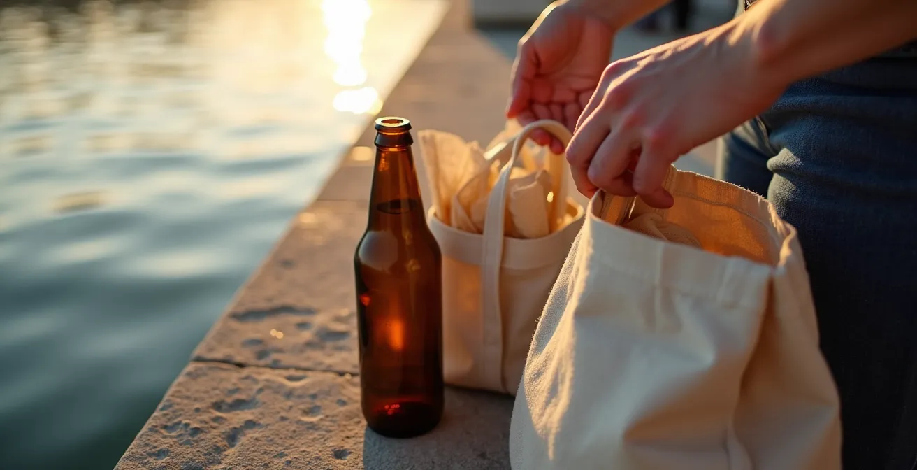 Hands carefully packing picnic waste into recyclable bags beside Seine riverbank