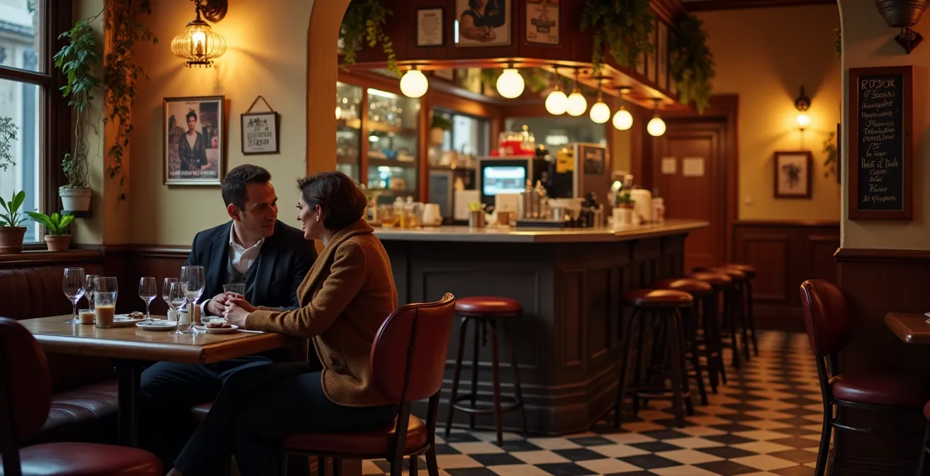 Cozy corner of an authentic Parisian bistro with handwritten menu board