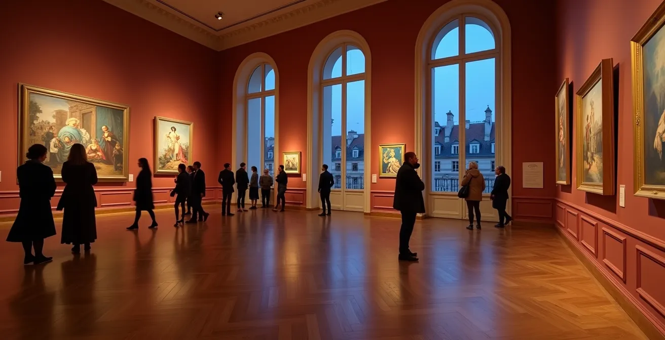 Evening ambiance at a Parisian museum with warm lighting and sophisticated visitors