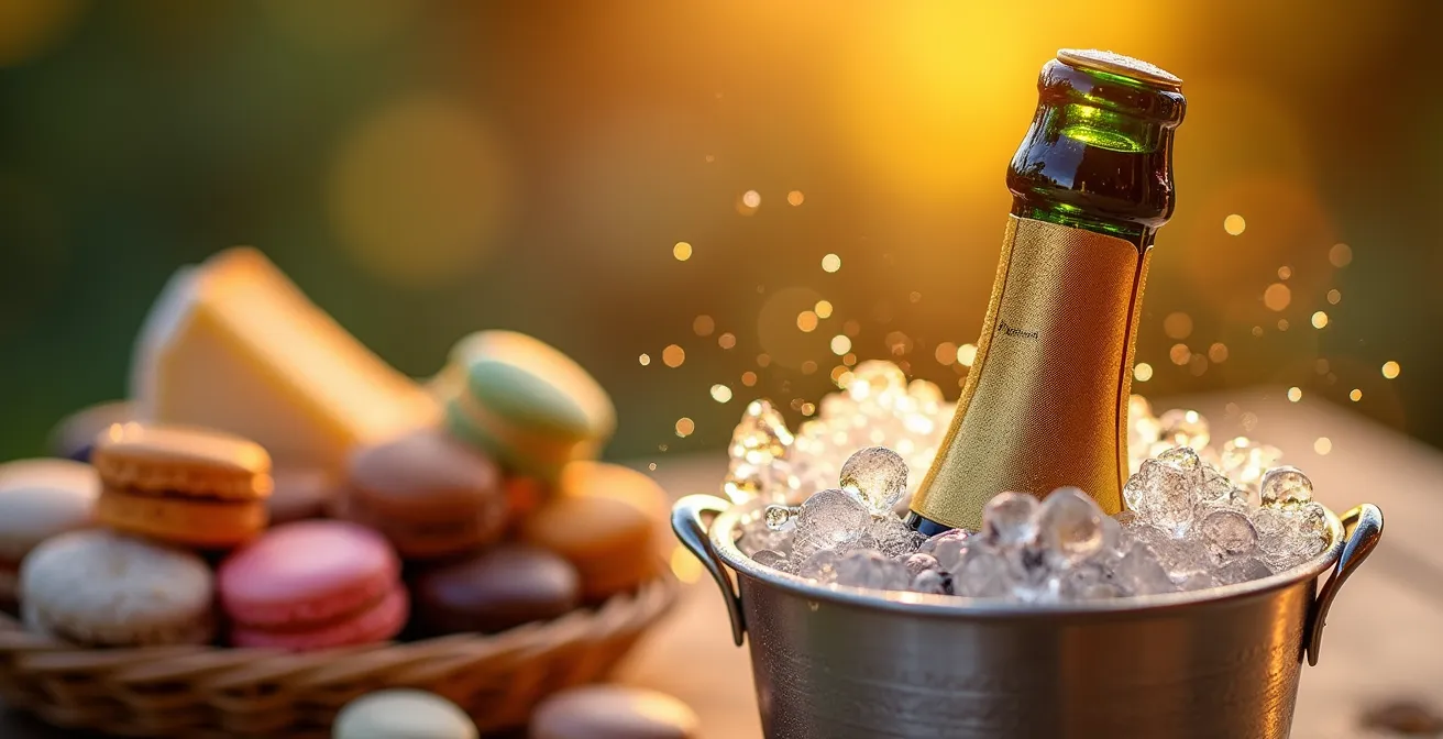 Elegant picnic setup with champagne and French delicacies on boat deck