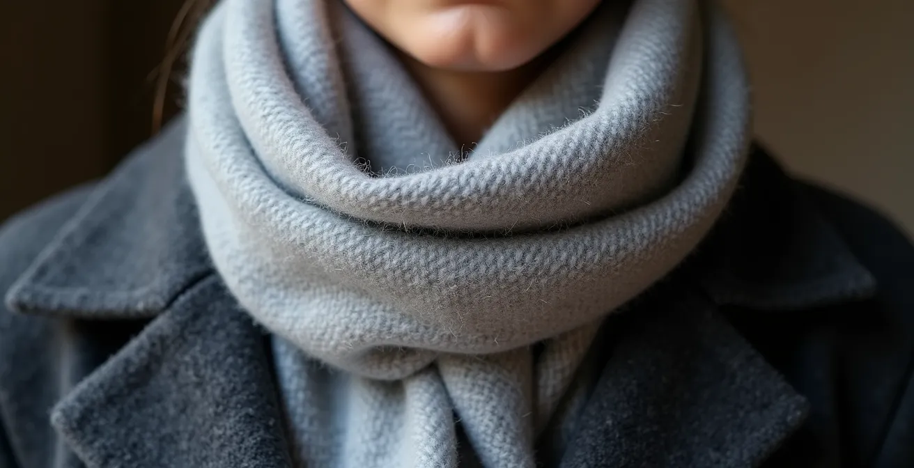 Close-up of cashmere scarf draped loosely around neck in Parisian style