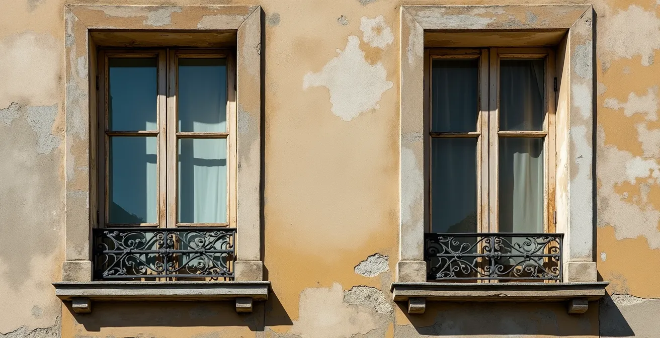Close-up of a Parisian building facade showing painted trompe-l'œil windows alongside real ones