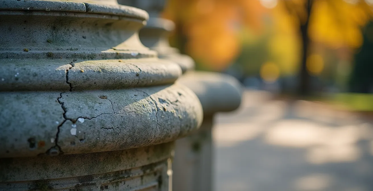 Close-up macro shot of the weathered stone pedestal base at Place de la Concorde, showing aged texture and wear marks.