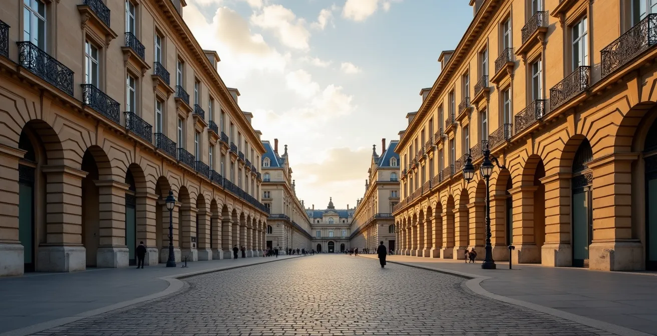 Wide angle view of Place Vendôme showing palace hotel facade