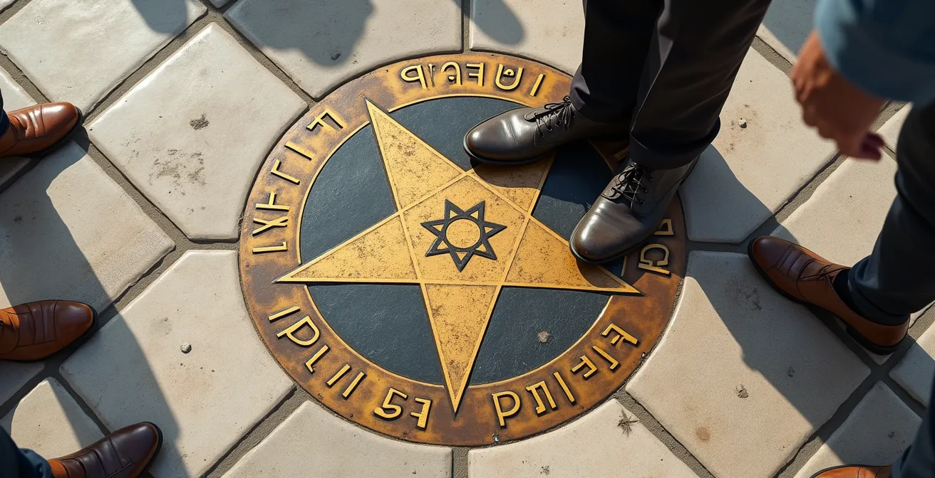 Brass star medallion embedded in stone pavement marking Point Zero of France