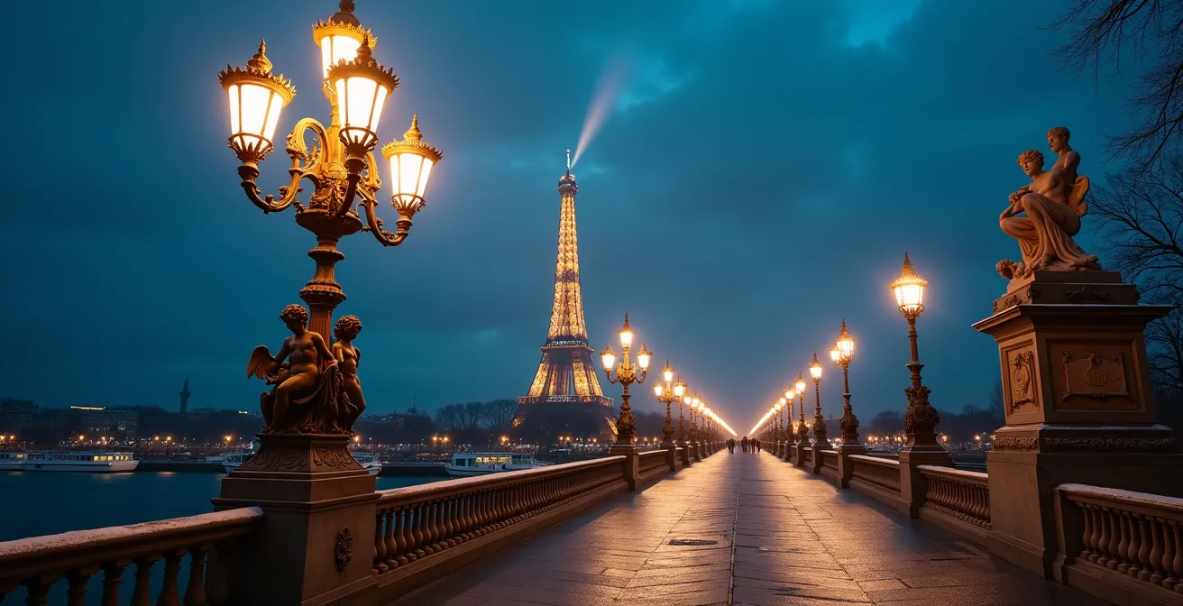 View of illuminated Eiffel Tower from Pont Alexandre III bridge at night with golden lamp posts in foreground