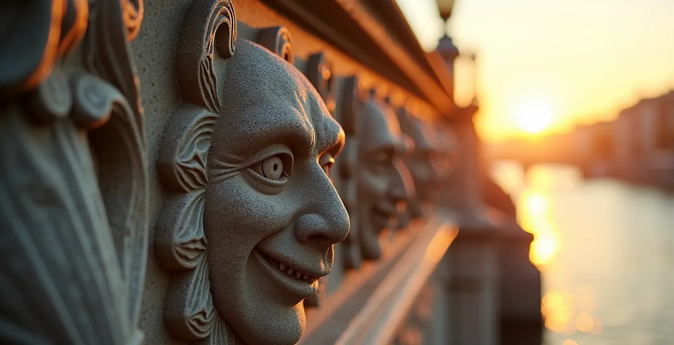 Pont Neuf bridge stone glowing in warm sunrise light with detailed mascarons