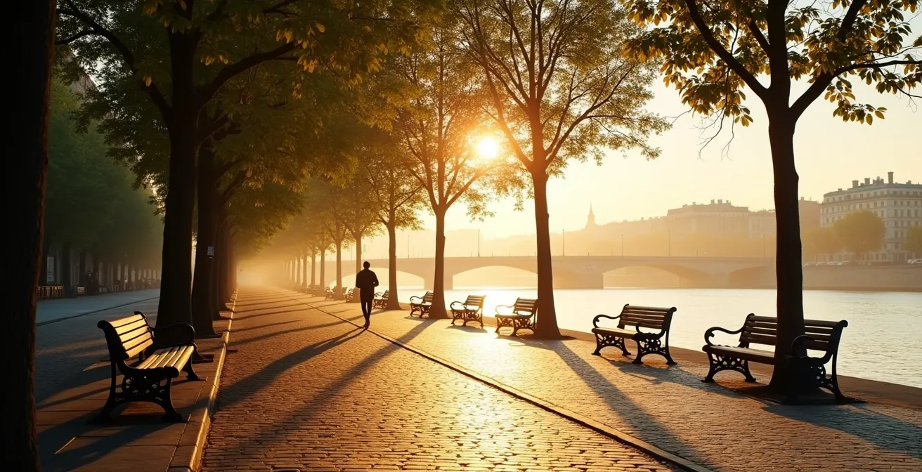 Early morning peaceful riverside scene along Seine with empty benches