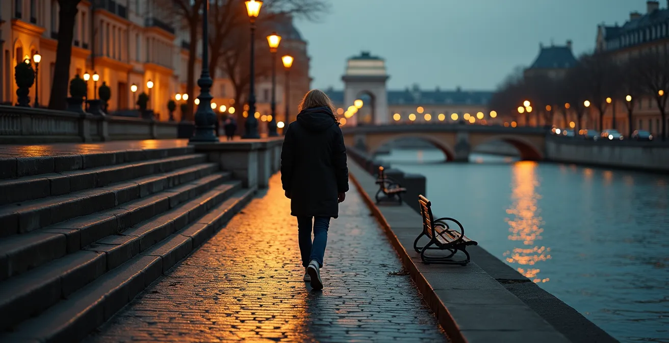Empty stone quay along the Seine at night with soft lamp light and distant bridge silhouette