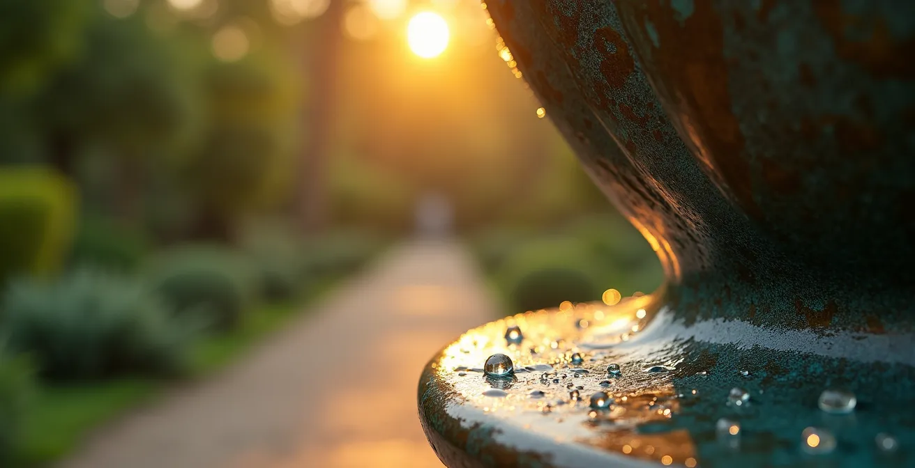 Peaceful corner of Rodin Museum garden in early morning light with empty pathways