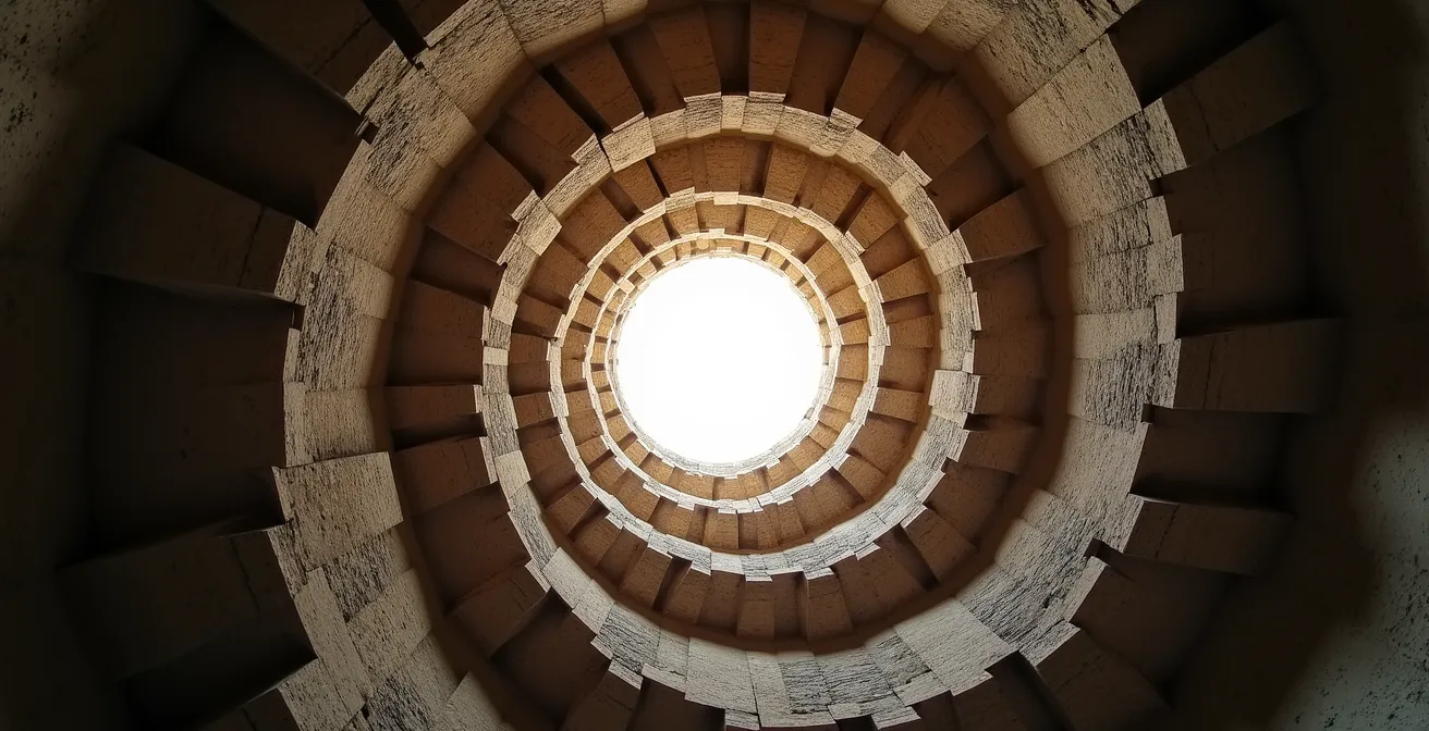 Narrow spiral staircase inside Sacré-Cœur dome with morning light filtering through