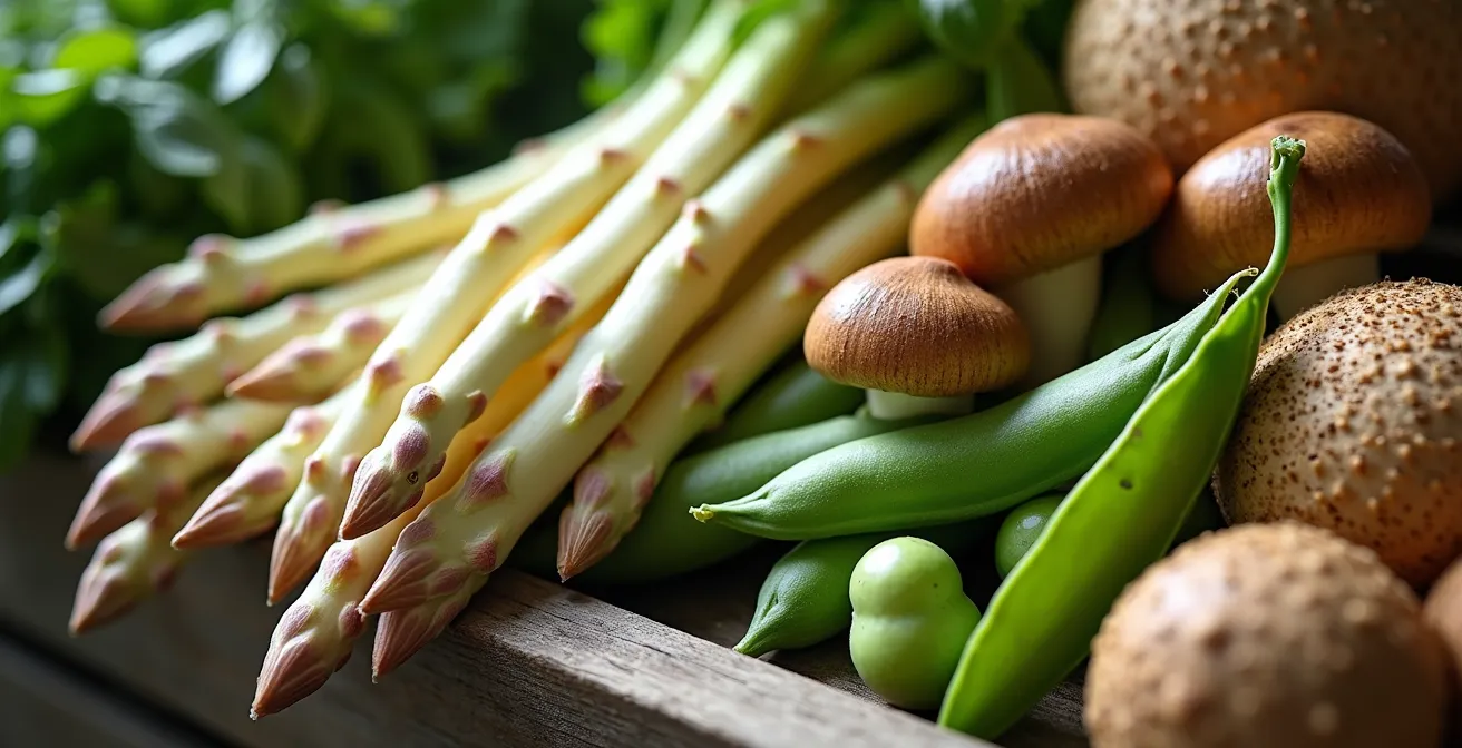Fresh seasonal produce at a French market stall, including asparagus and mushrooms