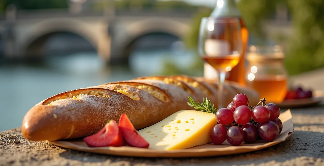 Picnic spread on Seine quayside during golden hour