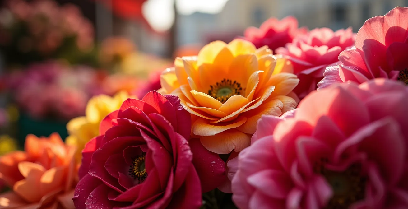 Vibrant flower stalls with colorful blooms at the Sunday market on Île de la Cité