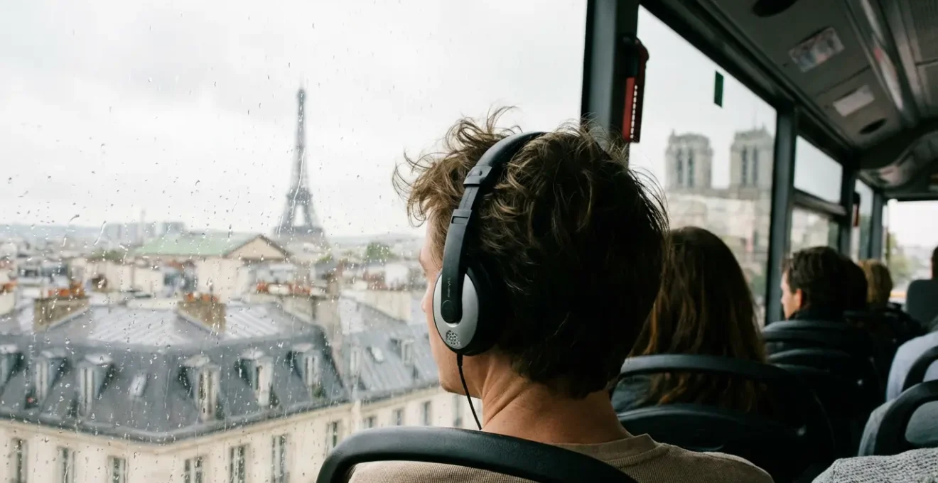 Visitor using audio guide headphones while viewing Paris landmarks from bus