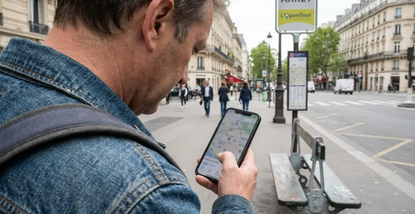Tourist checking smartphone at Paris hop-on hop-off bus stop showing route tracking
