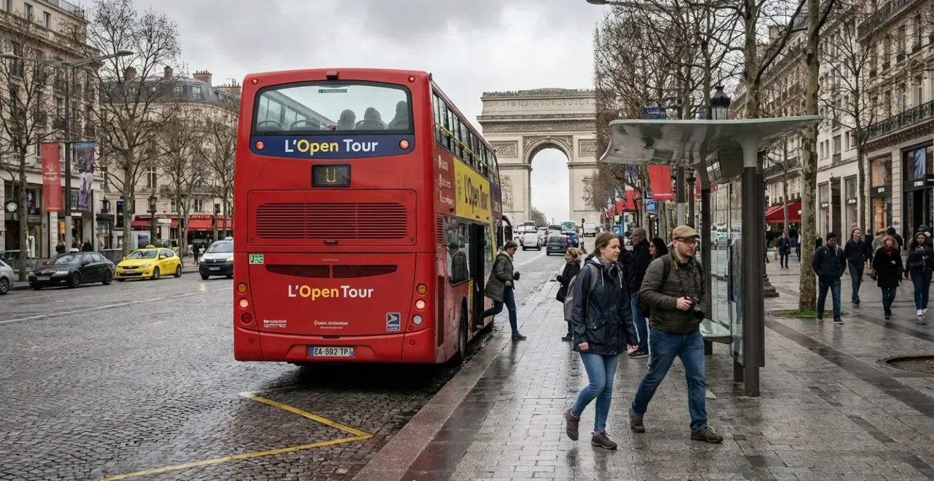 Tourists stepping off hop-on hop-off bus at Arc de Triomphe stop on Champs-Élysées
