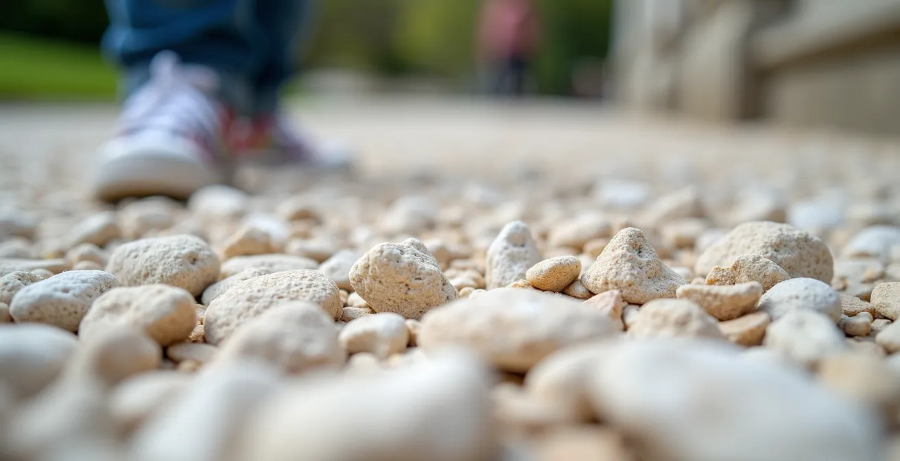 Close-up macro shot of the white limestone gravel paths in Tuileries Gardens showing the fine dusty texture