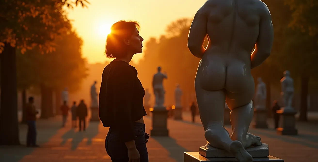 Marble sculpture in Tuileries garden bathed in warm sunset light with long shadows