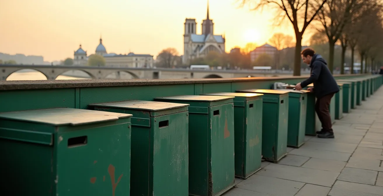 Wide shot of bouquiniste green boxes along the Seine with Notre-Dame in the background at golden hour
