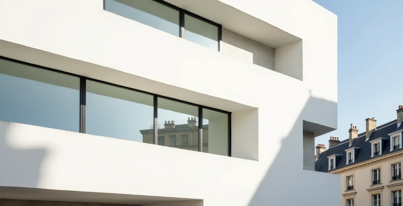 Modernist white facade of Villa La Roche with characteristic horizontal windows and geometric forms