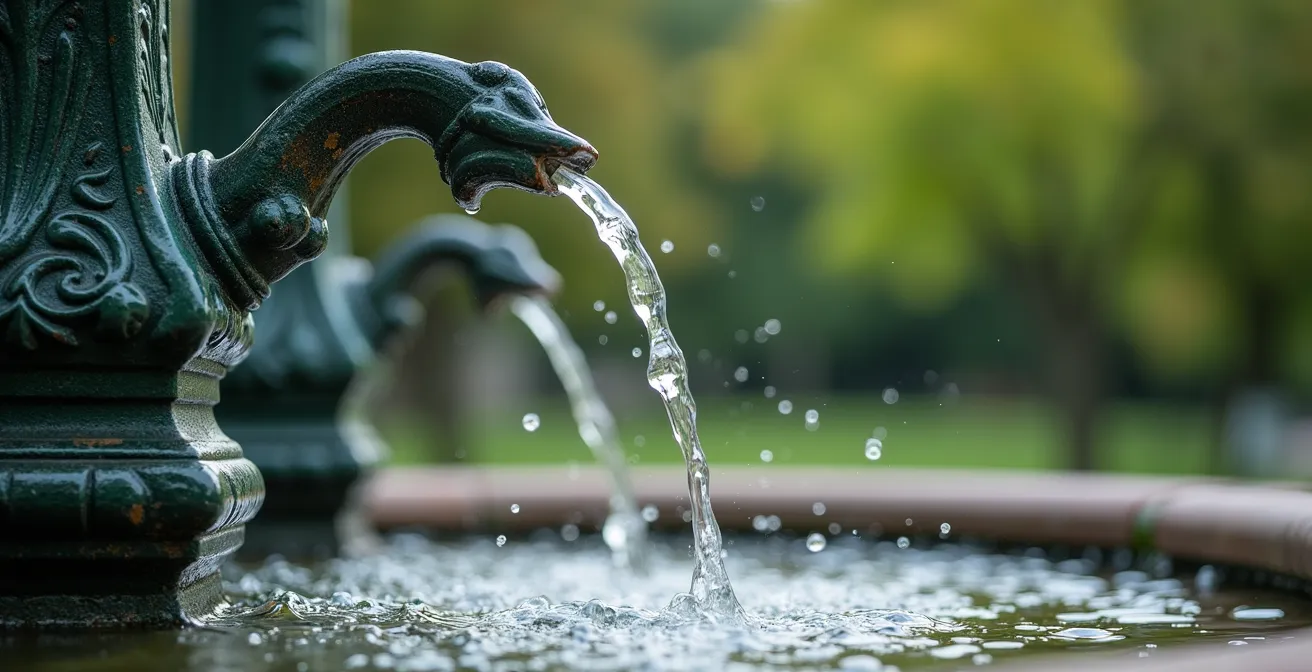 Close-up of a classic green Wallace fountain with clear water flowing from its spout in a Parisian park setting