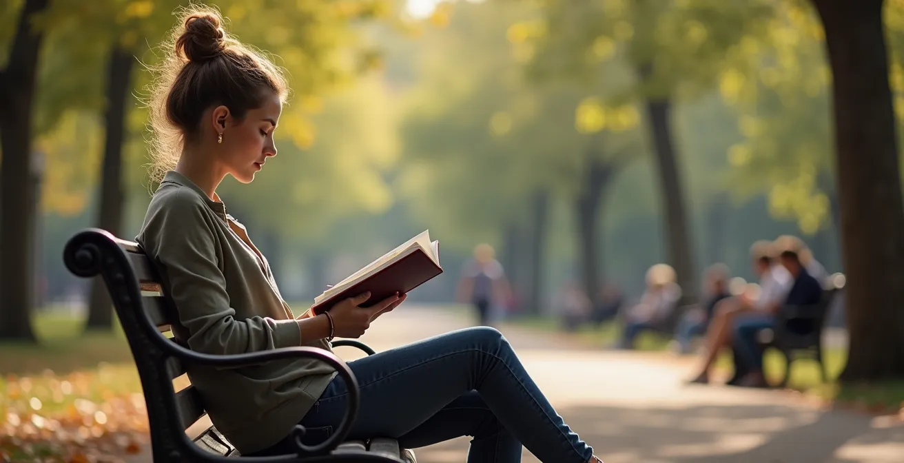 Solo woman reading peacefully on a park bench in Parc Monceau, surrounded by lush greenery