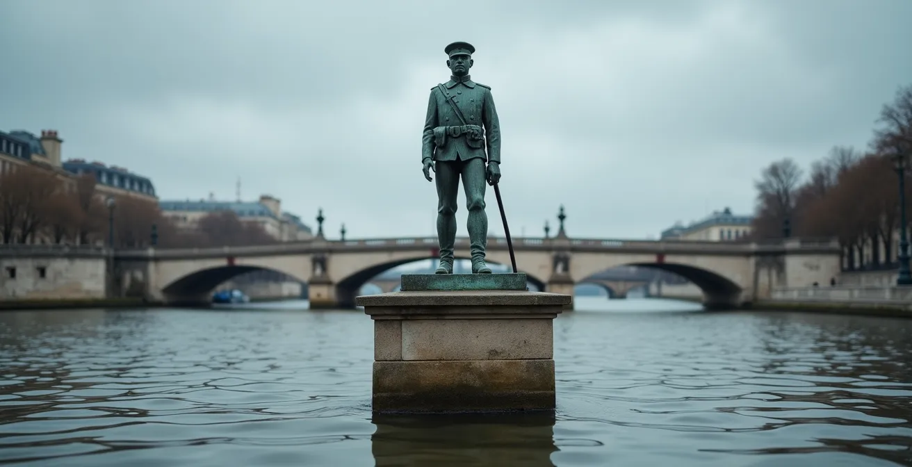 The Zouave statue on Pont de l'Alma bridge pillar with Seine water level visible at base