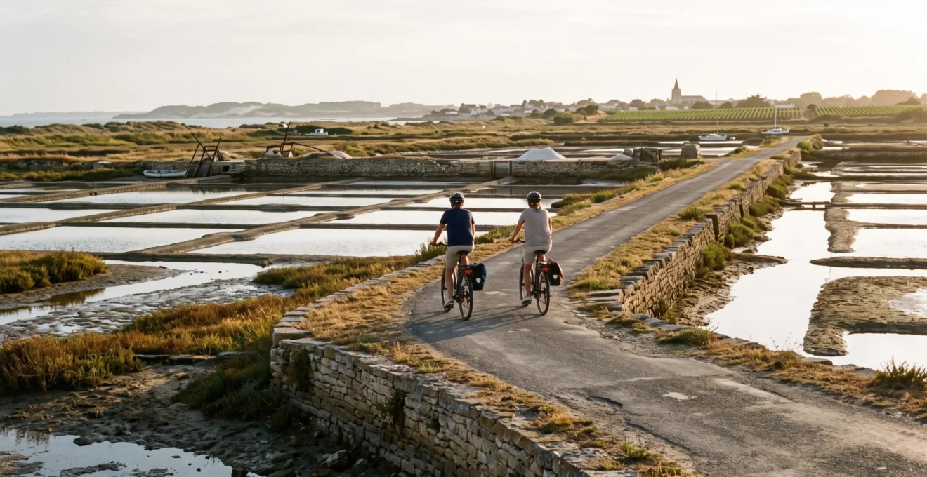 Two cyclists ride a flat path through salt marshes on Île de Ré.