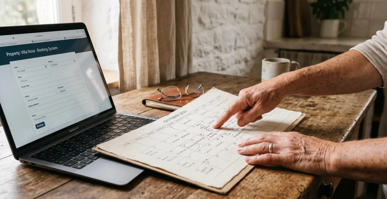 Hands point at a paper calendar next to a laptop on a wooden kitchen table.