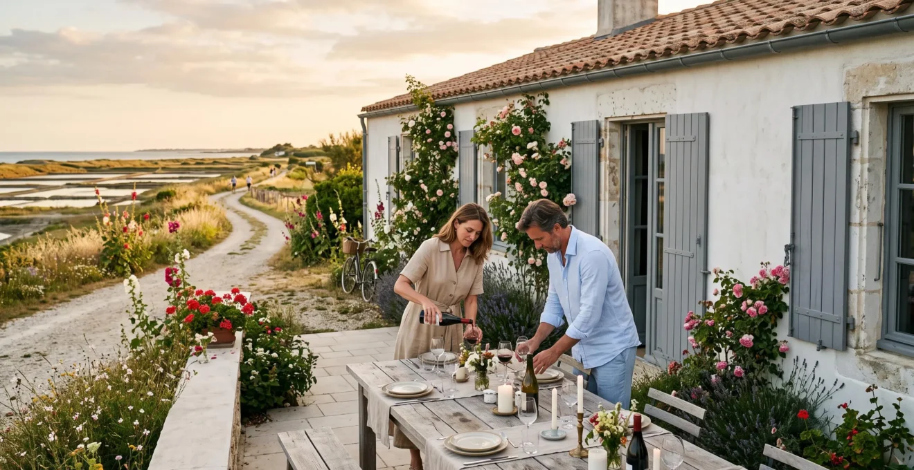 A couple prepares a dinner table on the terrace of a whitewashed villa on Île de Ré.