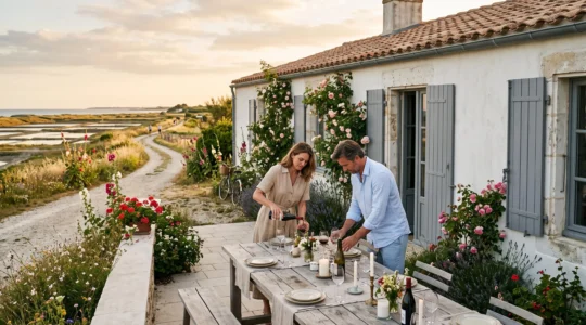 A couple prepares a dinner table on the terrace of a whitewashed villa on Île de Ré.