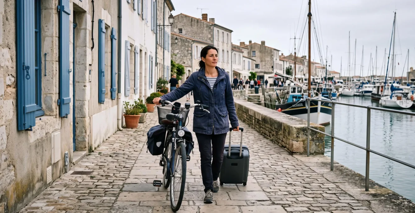 A woman walks a bicycle with a suitcase along a harbour street in Saint-Martin-de-Ré.